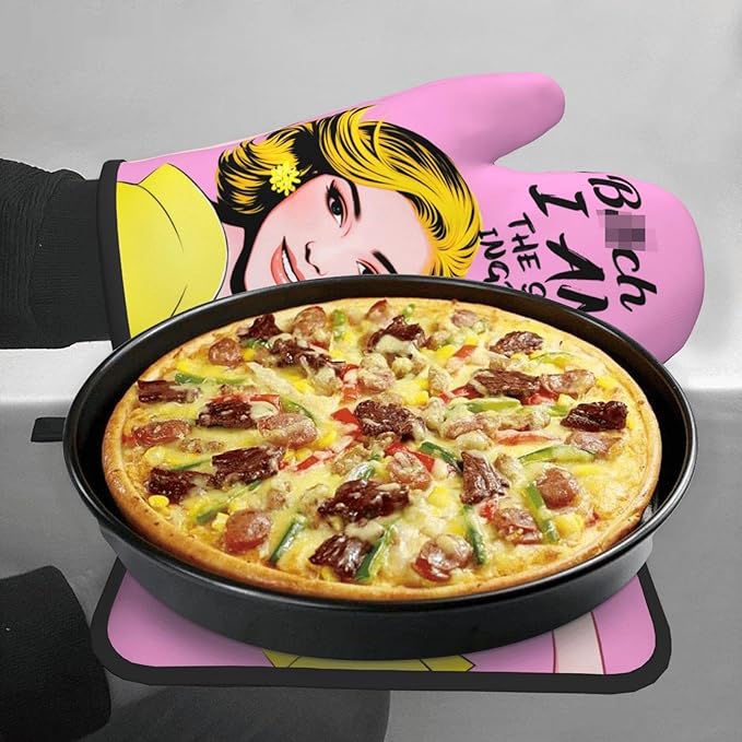 Cute Pink Oven Mitts and Pot Holders Set of 3, Heat Resistant Non-Slip Funny Hot Pad and Kitchen Gloves, Spring Funny Gifts for Cooking Lovers Women, Fun Kitchen Decor for Baking Cooking Grilling