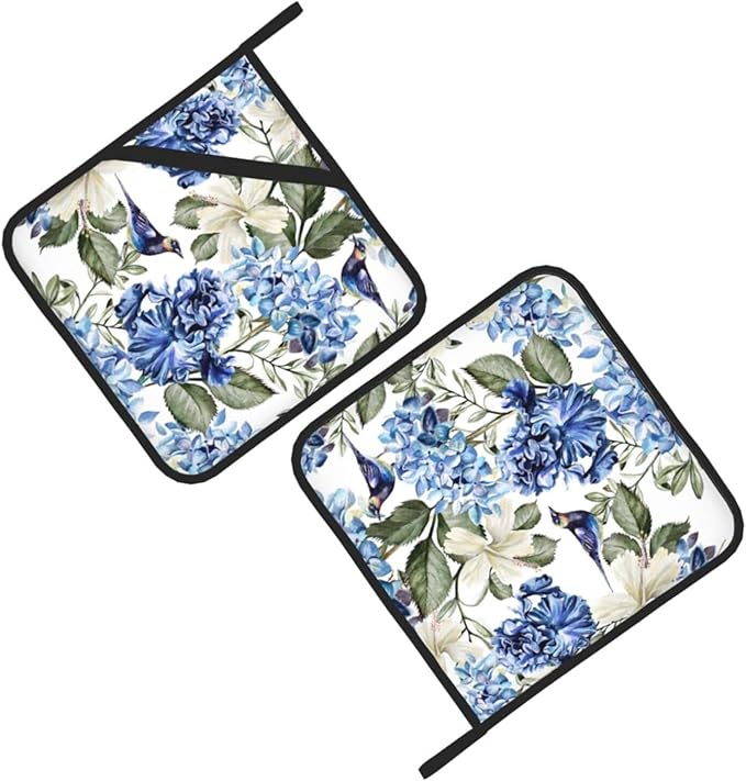 Blue Hydrangea Flowers Bird Pot Holder Set of 2,Heat Resistant Potholders Oven Hot Pads for Kitchen Cooking Baking BBQ