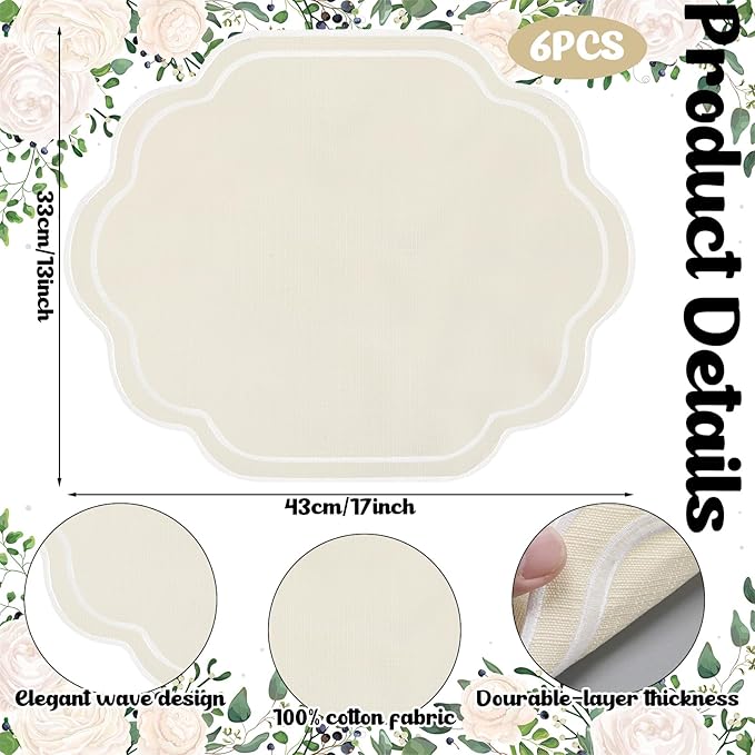 Breling 6 Pcs Wedding Placemats Scalloped Embroidered Cotton Linen Placemats 17" x 13" Double Layered Machine Washable Table Place Mat for Party Table Decor (Creamy Ivory)