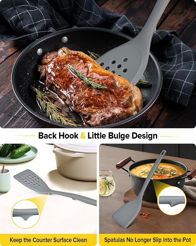 Pack of 2 Silicone Spatula Turner, Non Stick Kitchen Spatulas Set with Back Hooks, Heat Resistant BPA Free Kitchen Utensils, Suitable for Flipping Fish, Eggs, Steak, Pancakes(GRAY)