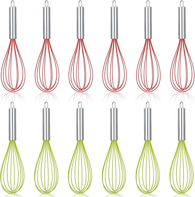 FoldTier 16 Sets 8 Inch Christmas Whisks Gifts DIY Fillable Christmas Tree Ornaments Xmas Colored Silicone Whisks for Cooking Heat Resistant Egg Beaters with Card Rope Bag for Candy Holder
