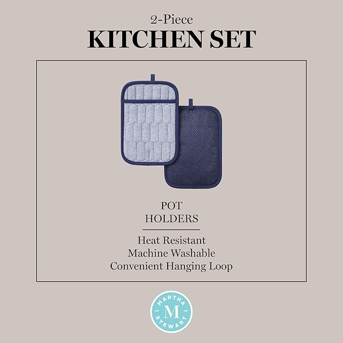 MARTHA STEWART Honeycomb Quilted Chambray Pot Holder 2-Pack Set, 100% Cotton, Flexible Non-Slip Silicone Grip, Heat Resistant, Navy Blue, 7"X10"