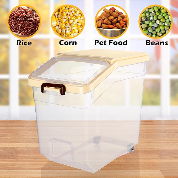Sunnyray 4 Pcs Rice Storage Containers Bulk Flour Sugar Container Wheels Measuring Cups Set Airtight Pet Dog Cat Birds Food Bin Grain Cereal Organizer Box for Dry Baking (Beige,38 lb)