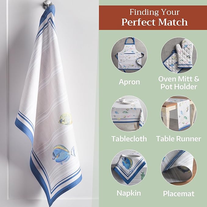 Maison d' Hermine Kitchen Towels Set of 3 100% Cotton 27.50" x 20" Reusable Cloth Tea Dish Towels Absorbent with Hanging Loop for Kitchen Gifts for Mothers Day Spring/Summer (Poisson)