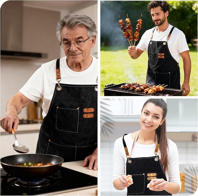 Aprons For Women Men With Large Pockets, Waterproof Cotton Chef Aprons For Cooking Server Grilling Bbq Kitchen