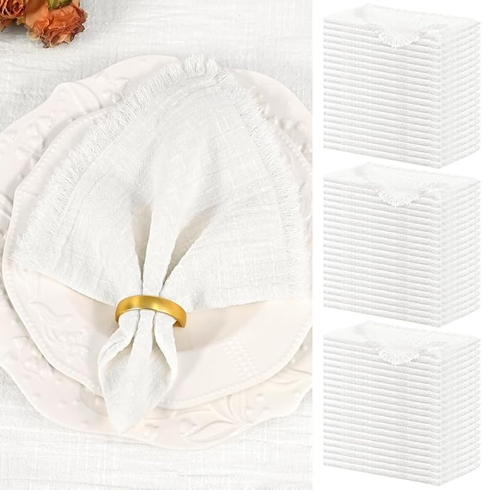 Showgeous 60 Pack White Cloth Napkins with Fringe 16x16 inch 100% Cotton White Napkins Handmade Dinner Napkins Bulk Washable Soft Rustic Table Napkins for Wedding Parties Bridal Baby Shower