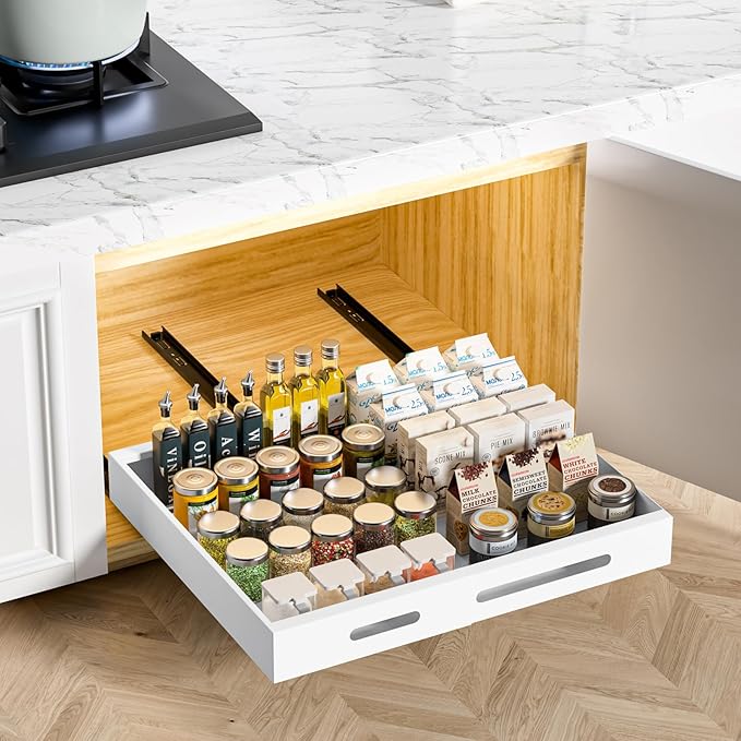 HBL' 1 Pack | 21" Deep Pull Out Cabinet Organizer Adhesive, (13.8" to 22.0") Width Expandable Sturdy Carbon Steel Roll-Out Drawers, Designed for Frameless Cabinets, Slide-Out Shelves for Pantry.