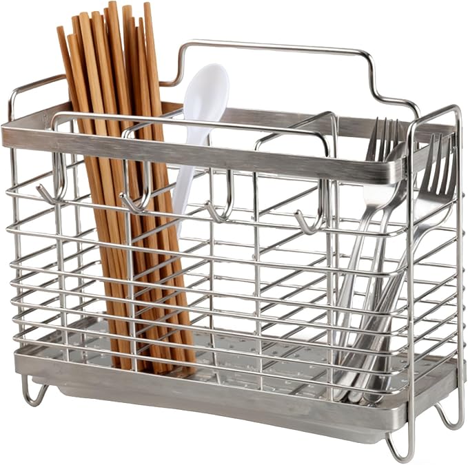 Kitchen Utensil Holder, Stainless Steel Utensil Drying Rack with Hooks, Utensil Holder Counter Organizer, 3 Compartments for Forks, Knives, Spoons, Chopsticks & Cooking Tools (Silver)