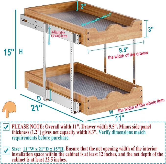 OCG 2 Tier Pull Out Drawers For Cabinets, Double Tier Slide out Wood Cabinet Organizer, Pull Out Shelves for Base Cabinet Organization in Kitchen, Pantry, Bathroom