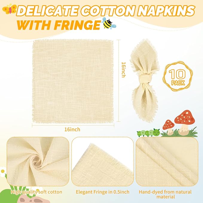 Showgeous 30 Pack Beige Cloth Napkins with Fringe 16x16 inch 100% Cotton Beige Napkins Handmade Dinner Napkins Bulk Washable Soft Rustic Table Napkins for Wedding Parties Bridal Baby Shower