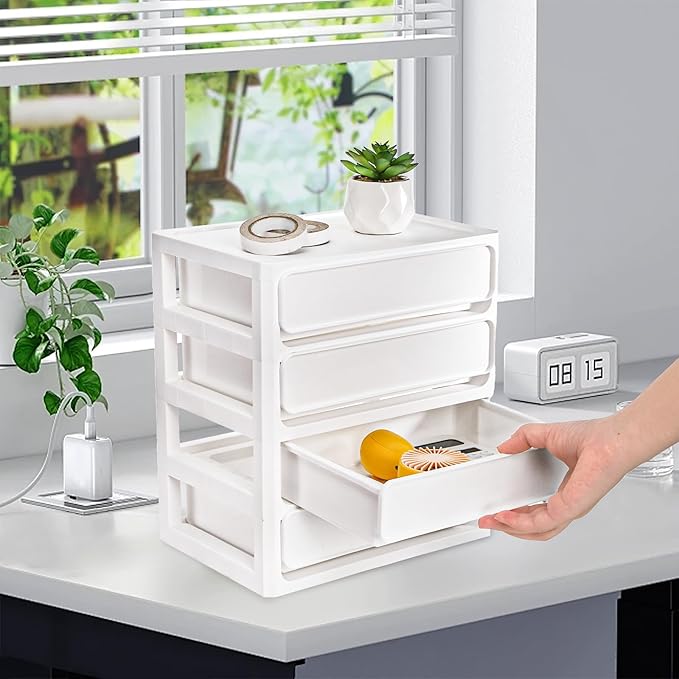 Covzoe Desk Drawer Organizer, 4 Tier Plastic Desktop Storage Unit, Small Storage Bin Container for Countertop, Makeup, Stationery, Art Crafts, Home Office Bathroom, White