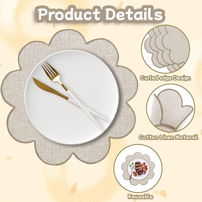 SK Studio Set of 6 Cotton Linen Placemats, 15x15 Round Scalloped Cloth Table Mats, Embroidery Double Layered Washable Dining Placemat for Hotel Restaurant Kitchen, Beige