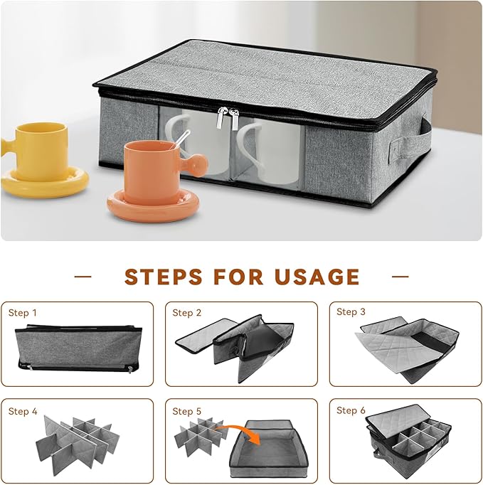 China Cup and Mug Storage Container, 12 Compartments Mug Storage Box with Hard Shell and Dividers Foldable Dustproof China Containers for Protection and Moving Coffee, Tea Cups and Glasses - Gray