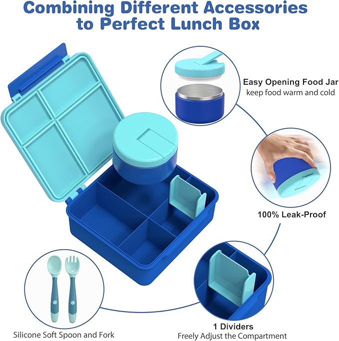 Pawtong Bento Lunch Box with 8oz Soup Thermo, Kids Leakproof Lunch Food Containers with 4 Compartment, Kids Thermo Insulated Hot Food Jar for School, Trvael（Blue