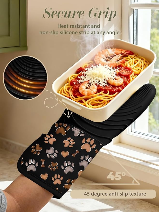 Slohif Long Silicone Oven Mitts Heat Resistant for Women - 2 Pcs Dog Paw 100% Cotton Oven Gloves, Non-Slip and Waterproof Silicone Oven Mitts with Hanger for Baking and Cooking
