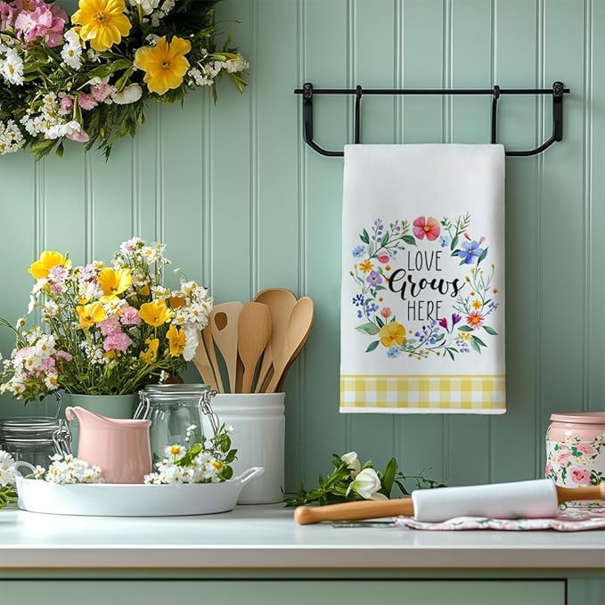 Floral Wreath Spring Kitchen Towels Set of 2,Pink Flower Dish Hand Towels Farmhouse Indoor Outdoor Holiday Seasonal Decorations DD097