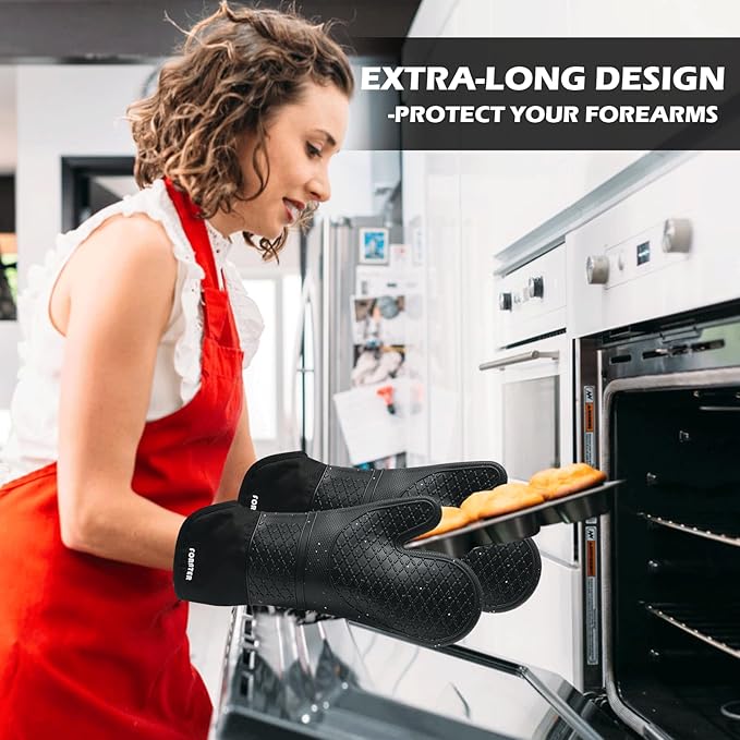 Extra Long Silicone Oven Mitts - Heat Resistant up to 500°F, 15'' Waterproof and Non-Slip Oven Gloves with Soft Quilted Liner - Perfect for BBQ, Cooking, Baking, and Grilling - 1 Pair, Black