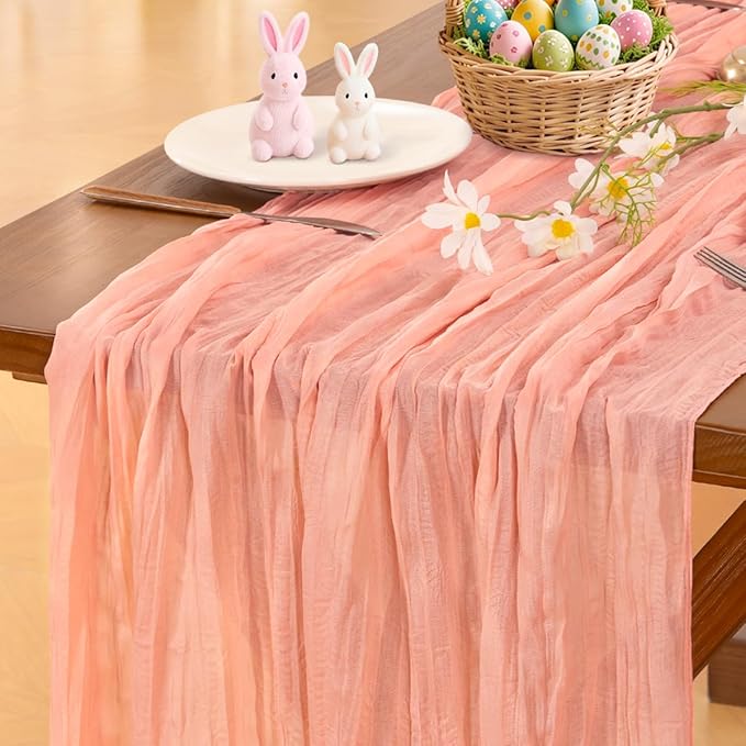Socomi Coral Peach Easter Spring Cheesecloth Table Runner Boho Rustic Gauze 120 inch 10FT Cheese Cloth Runner for Wedding Party Baby Shower Birthday Home Decor Holiday Decorations