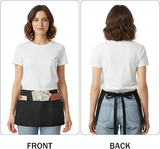 BOHARERS 10 Pack Black Waitress Aprons Server Apron with 3 Pockets Men Women Short Waterproof Apron Kitchen, Restaurant