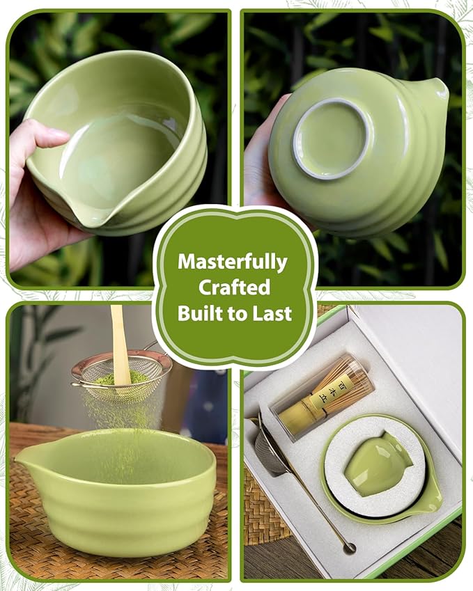 Matcha Whisk Set - 5PCS Matcha Set Includes 17OZ Chawan with Spout, Bamboo Chasen Whisk with Ceramic Holder, Matcha Scoop and Stainless Sifter, Matcha Kit for Ceremony, Gift for Matcha Lovers