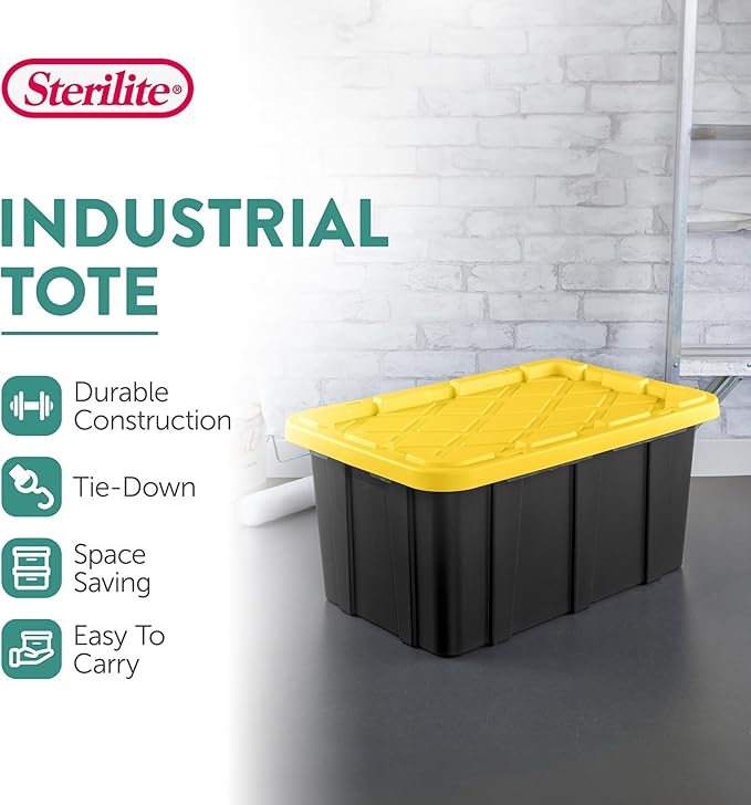 Sterilite 17 Gal Industrial Tote, Stackable Storage Bin with Snap-Fit Lid for Garage, Basement & Attic Storage, Black Base and Yellow Lily Lid, 6-Pack