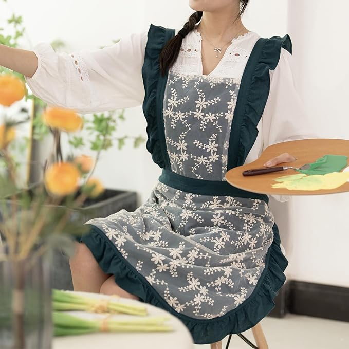 Pinknoke Vintage Pinafore Apron Dress for Women with Pockets Cute Floral Chef Aprons for Kitchen Cooking Baking Gardening