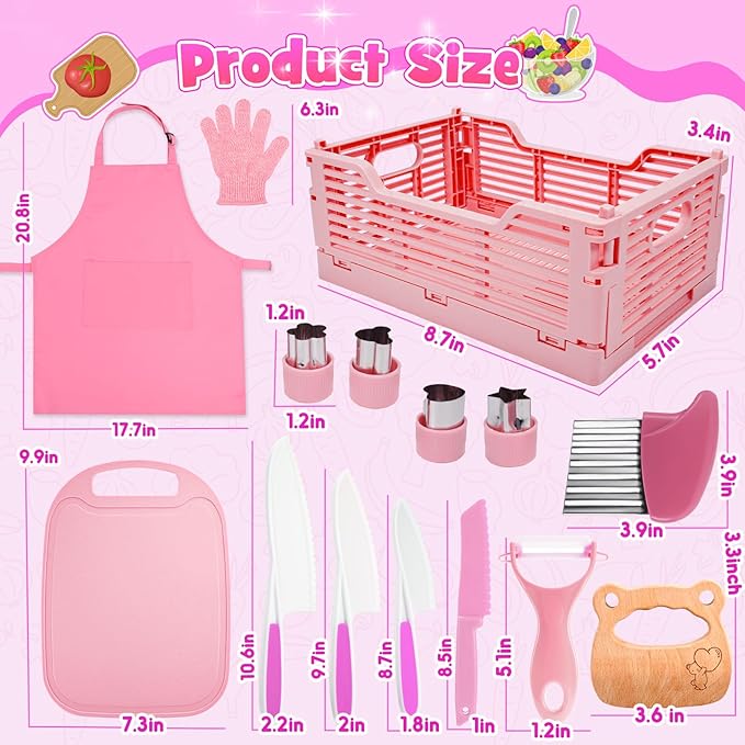 Montessori Toys for 3 4 5 6 7 8 9 10 Year Old Girls Boys Birthday Gifts,Kids Kitchen Knife Set for Real Cooking & Apron and Glove,Toddler Knife Set, Learning Toys