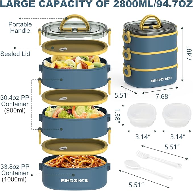 RIKDOKEN Lunch Box, Stackable 3 Layers Containers, Portable 94OZ Large Capacity Leakproof Bento Box with Spoon & Fork & Sauce Boxes, Microwave Safe Lunch Box for Kids and Adults