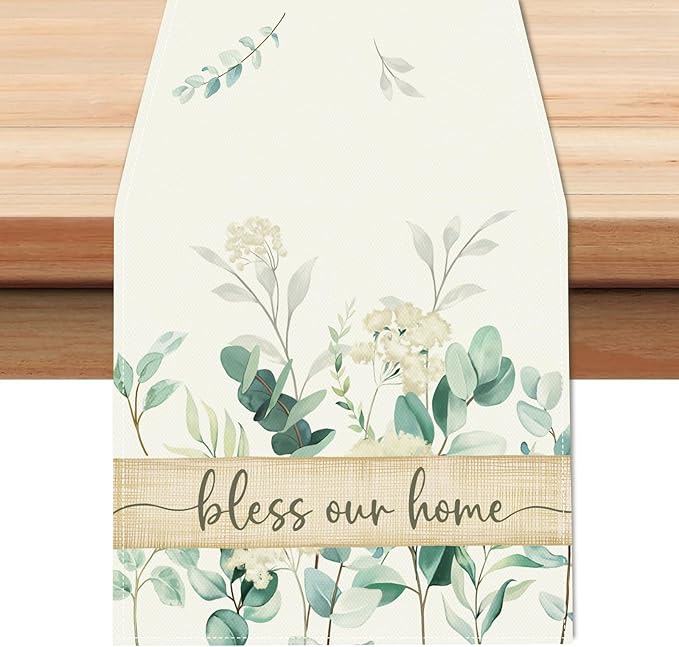Bonhause Eucalyptus Leaves Table Runner 13x72 Inch Green Plants White Flowers Spring Summer Seasonal Holiday Kitchen Dining Table Decoration for Indoor Outdoor Home Party Decor