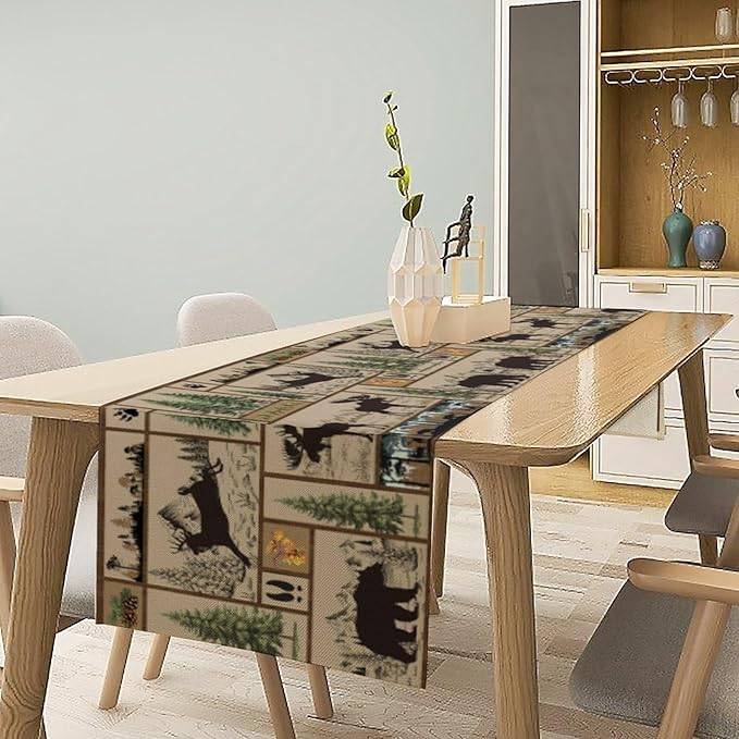 Rustic Cabin Table Runner Forest Bear Deer Wildlife Country Hunting Camping Art Printed Dinner Runner for Home Kitchen Dining Table Decor Fabric 1 Panel W13xL90in