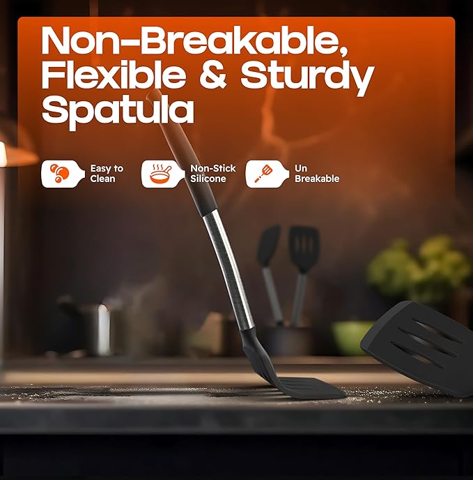 BakeRoyal Silicone Spatula Set - Turner Spatulas Silicone Heat Resistant 600°F - Slotted & Solid Spatula for Cooking Fish, Eggs, Pancakes Flipper – Spatulas for kitchen use – Black