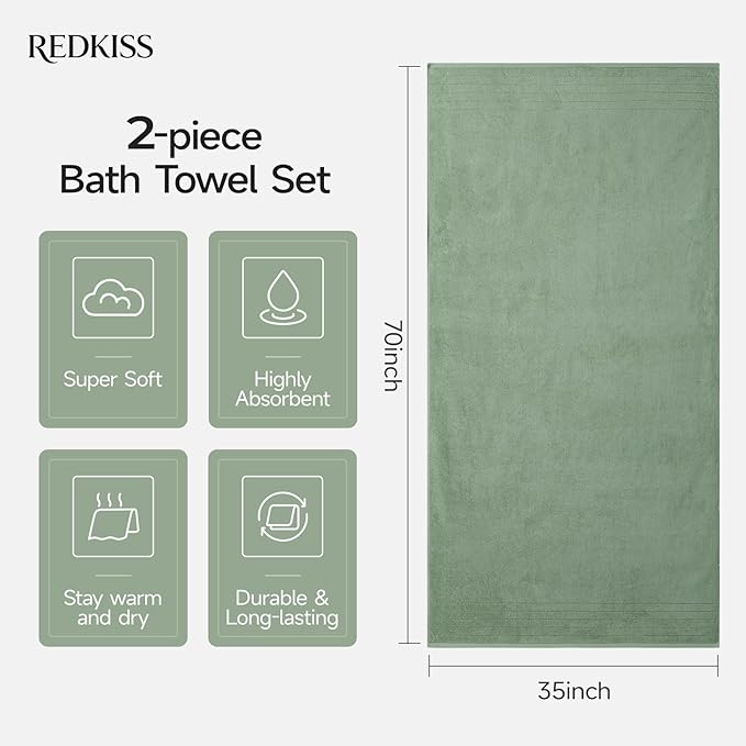 REDKISS 2 Pack 100% Cotton Thick Extra Large Bath Towels 35 X 70 Inches, Quick Dry, Ultra Soft & Highly Absorbent Green Bathroom Towel Sets for Bathroom, Gym, Spa, Pool & Hotel