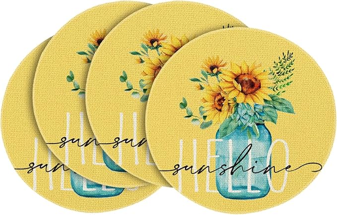 Artoid Mode Yellow Sunflower Vase Summer Round Placemats Set of 4, 14 Inch Summer Round Table Mats for Dining Decoration