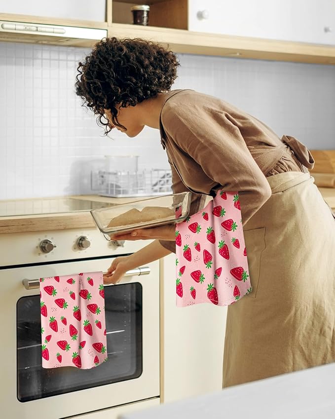 Miss Adola Flour Sack Kitchen Towels Set of 2-18x26 Cotton Dish Towels with Hanging Loop Reusable Tea Towel for Cleaning Spring Absorbent Dishcloths Cute Home Decor Housewarming, Line Strawberry
