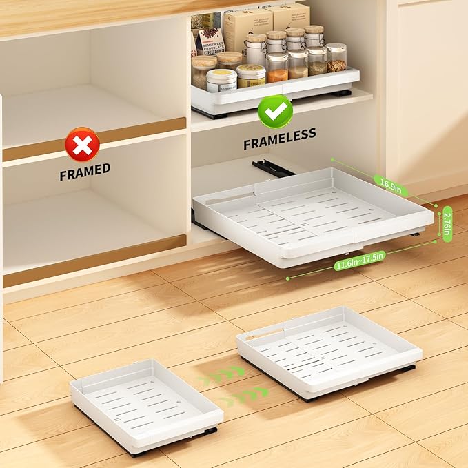 DOMNIU 2 Pack Pull Out Cabinet Organizers Expandable, Plastic Slide Out Drawers for Kitchen, Bathroom, Pantry, Under Sink Storage, Pull Out Drawers Fixed with Adhesive Nano Film (White, 11.6''-17.5'')