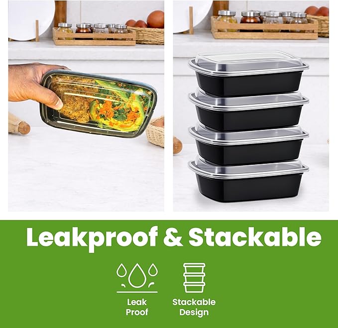 Uni-Pak Meal Prep Containers with Lids, Reusable 32oz Rectangle Food Storage, Sturdy Leakproof, Microwave Freezer Dishwasher Safe, To-Go Takeout Plastic Containers, 50 Pack (100-Piece) – 60816 60816
