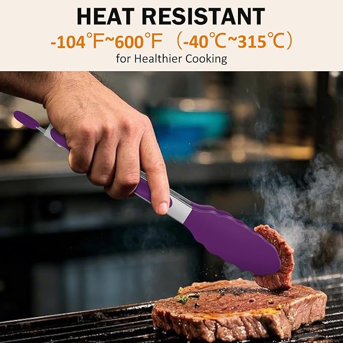 Kitchen Tongs, Stainless Steel Cooking Tongs with Silicone Tips, 600ºF High Heat-Resistant Non Scratch Locking Tongs for Cooking BBQ Grilling Air Fryer Pans, Set of 3 (7" 9" and 12") Purple