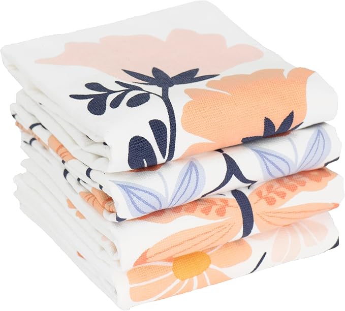 Ritz 100% Cotton Kitchen Towels, Tulips Peach Spring – 16"x26" – Absorbent Dish Towels for Drying & Cleaning – Soft & Durable (Set of 4)