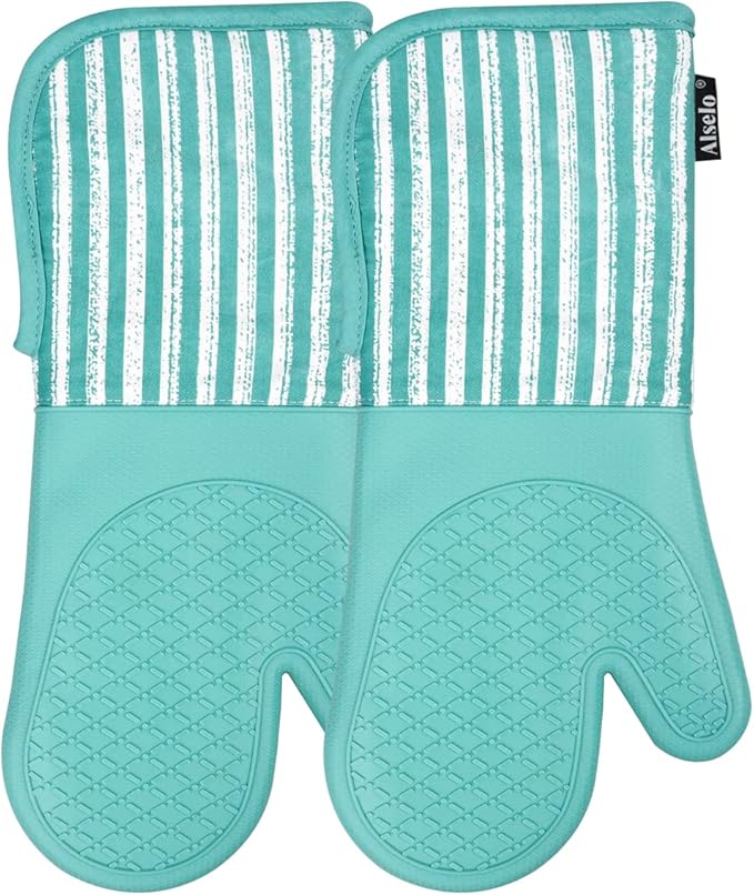 Alselo Silicone Oven Mitts Heat Resistant 932℉ with Waterproof & Non-Slip Kitchen Mittens, Set of 2 Extra Long Oven Gloves with Soft Cotton Terry Lining for Baking Cooking Barbecue