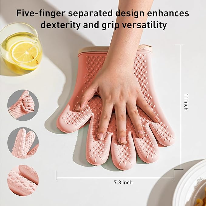 Silicone Oven Gloves with Fingers, High Temperature 450F Heat Resistant Oven Mitts Waterproof & Non-Slip Good Grip BBQ Grilling Gloves for Kitchen Cooking, Baking, Welding (Pink) ﻿