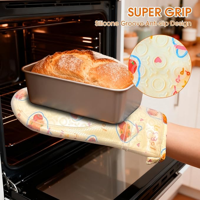 Silicone Oven Mitts Set Heat Resistant 2PCS Kitchen Mittens with Soft Cotton Lining Long Waterproof Non-Slip Oven Gloves for Cooking, BBQ, Baking-Fruit