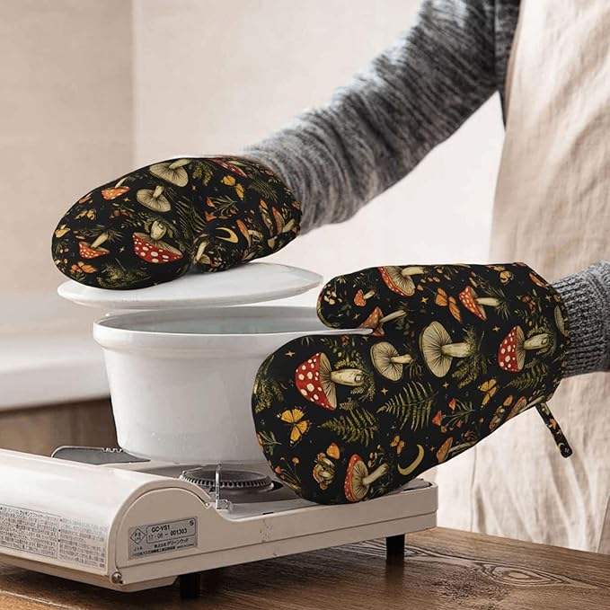 Forest Mushroom Silicone Oven Mitts Set of 2, Heat Resistant up to 500°F, Kitchen Oven Gloves with Non-Slip Grip and Soft Cotton Lining for Baking, Cooking and BBQ