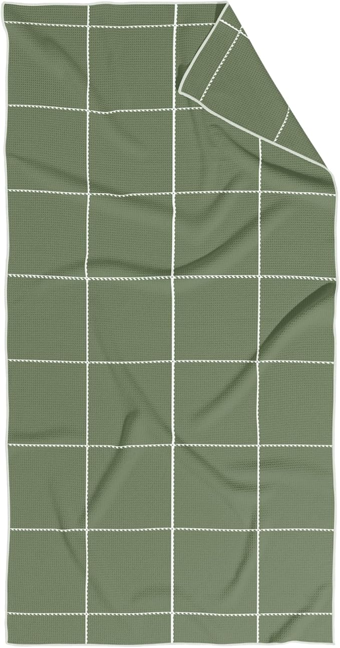 HALL & PERRY Kitchen Tea Towel, Ultra Soft, Quick Dry Microfiber Dish Cloths - 18"x30" Premium Quality Waffle Towel - Stripes and Plaid, Green and White (Wren)