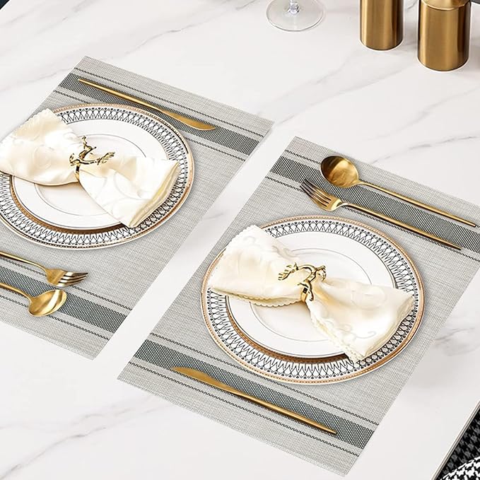 DACHUI Placemats Set of 8, Soft & Elegant Woven Vinyl Place Mats, Water Resistant, Heat Resistant, Washable, Durable Table Mats (Grey Stripes)
