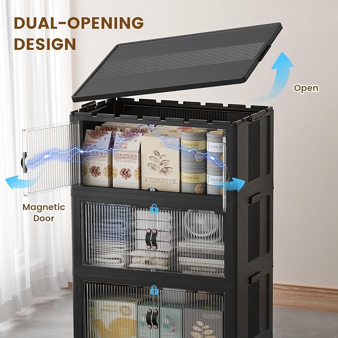 SAILUN 49Gal/195Qt Stackable Storage Bins Folding Collapsible Storage Bins with Lid, Closet Organizers and Storage Box with Door Black 22" W x 13" D x 38" H