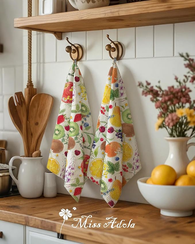 Miss Adola Flour Sack Kitchen Towels - Set of 2 Cotton Dish Towels with Hanging Loop Decorative 18x26 Inch Absorbent Cute Design for Housewarming Gifts, Fruits