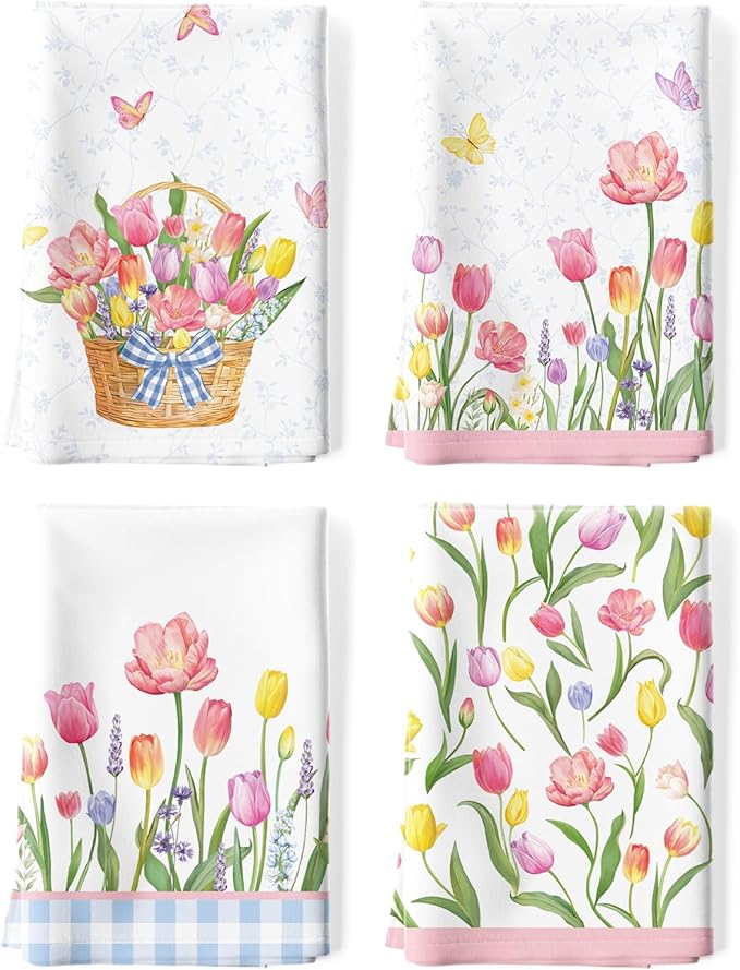 Tulip Spring Floral Tea Towels, Lavender Summer Cotton Kitchen Towel 18.9 × 27.5 inch, Quick Drying Dish Cloth for Party Anniversary Holiday Decoration, Housewarming Gifts for Mom