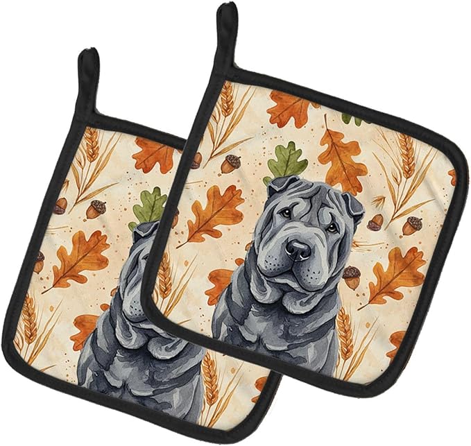 Caroline's Treasures Black Shar Pei Heirloom Fall Pair of Pot Holders Pair 7.5x7.5 Quilted Insulated Hot Pads Decorative Kitchen Gift Made in USA