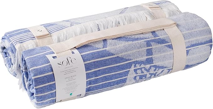 SOFE H&L | LINVIA Foutah Quick Dry Beach Towel Pack of 2 (35” x 70”) CARETTA - Blue | Lightweight, Premium, Fade Resistant, Durable | Travel Towel, Turkish Beach Towel with Shoulder Strap