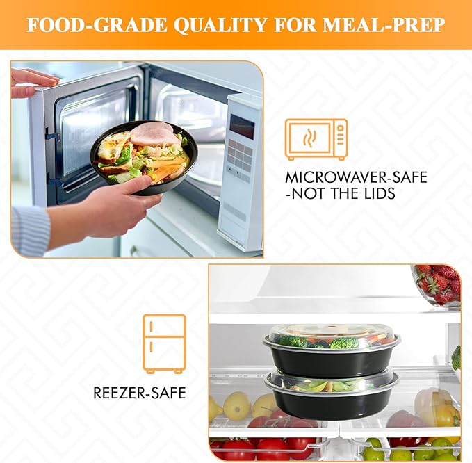 MUCHII 50 Pack Meal Prep Container, 24 oz Round Plastic Disposable Bowls with Lids, Food Microwave and Freezer Safe